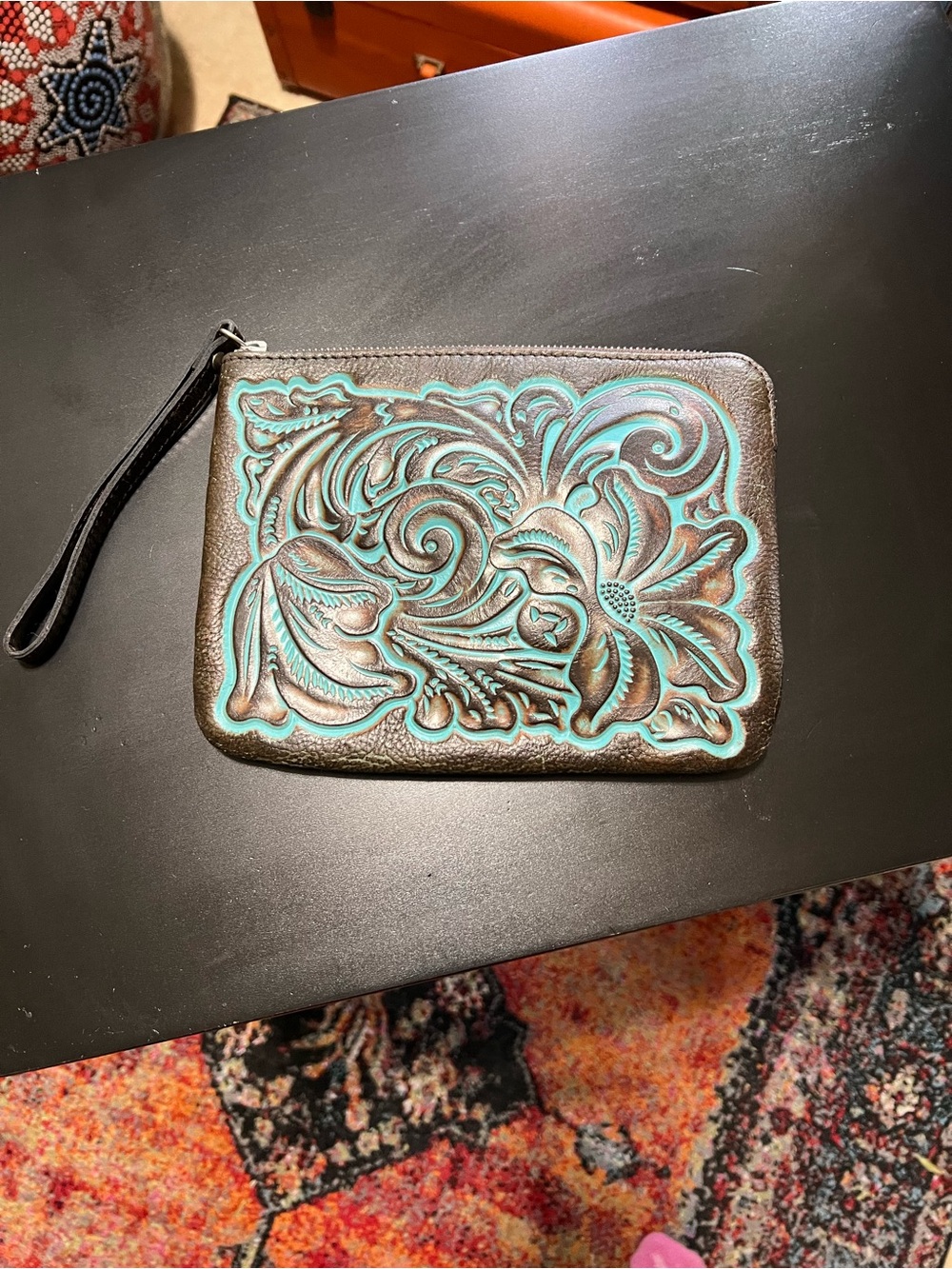 Patricia Nash Teal and Brown Tooled Leather Wristlet